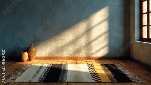 simple empty wall and handwoven rug lit by golden morning light 