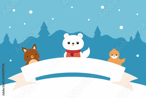 Adorable Winter Animals Festive Polar Bear, Fox, and Chick Illustration
