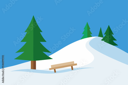Serene Winter Landscape Snow-Covered Hill, Pine Trees, and a Quiet Bench