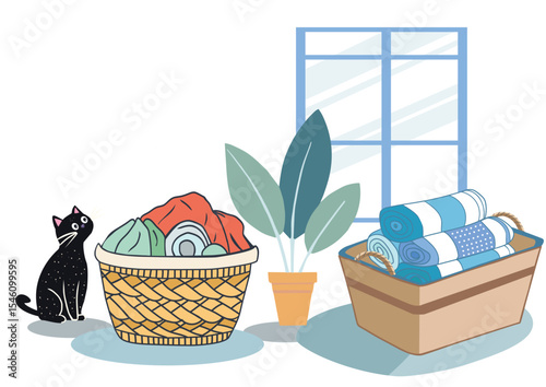 Dirty clothes in laundry baskets and a basket of clean towels next