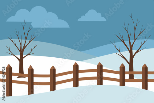Winter Wonderland Snowy Landscape with Wooden Fence and Bare Trees