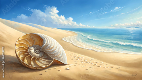 Nautilus shell on beach art print ocean view coastal decor nautical theme sea shell wall art canvas painting