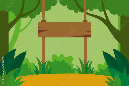 Jungle Adventure Blank Wooden Sign in Lush Green Forest