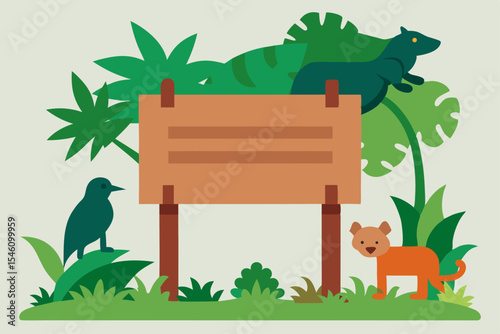 Jungle Animals Blank Sign in Lush Tropical Rainforest Setting