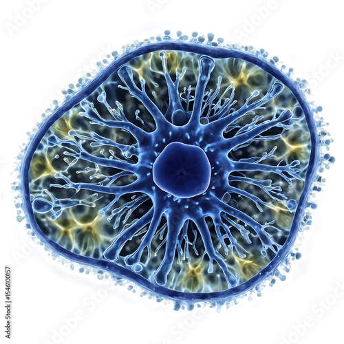 Abstract rendering of a biological cell with radiating protrusions, luminous textures, and a vibrant blue color palette on a white