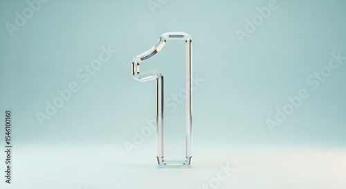 Transparent glass number one standing on a smooth reflective surface with soft lighting