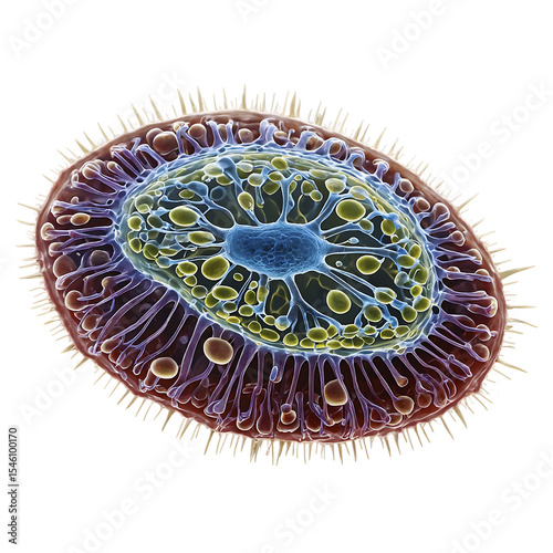 Detailed scientific illustration of a biological cell with intricate internal structures, highlighting its complexity and microscopic