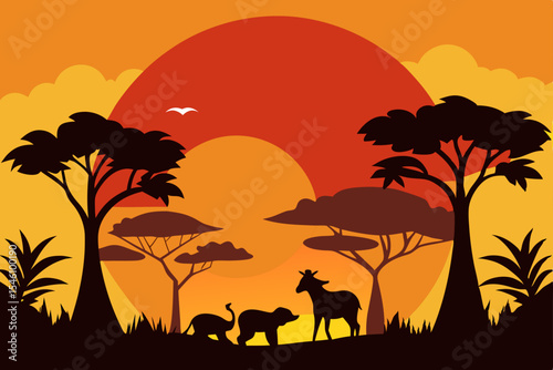 African Sunset Silhouette Elephants, Zebra, and Serene Savanna Landscape