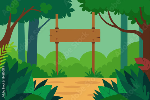 Lush Jungle Trail Sign Blank Wooden Signpost in a Vibrant Green Forest