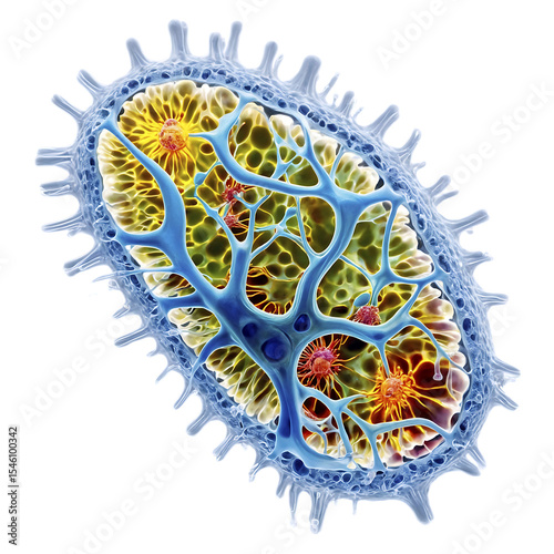 Detailed digital rendering reveals a biological cell structure, highlighting its vibrant, intricate inner components and textured outer