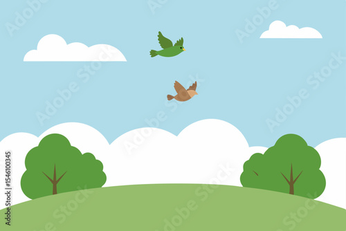 Birds in Flight A Serene Spring Landscape Illustration