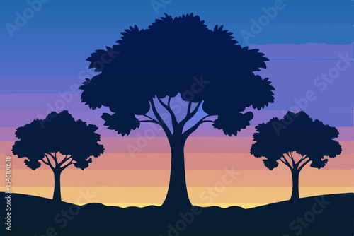 Serene Sunset Silhouette Three Majestic Trees at Dusk