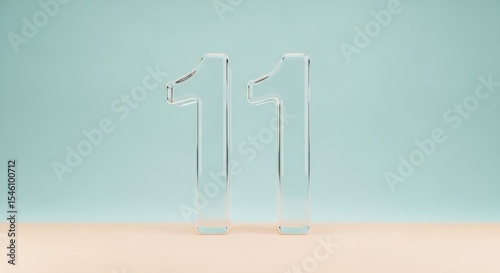 Transparent glass number eleven standing upright on a beige surface with blue background