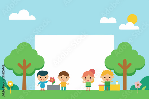 Happy Kids Planting Flowers A Springtime Scene for Your Designs