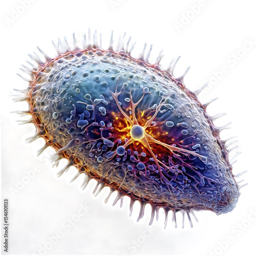 Detailed rendering shows a cell-like structure with intricate protrusions and internal branching, highlighted with a vibrant,
