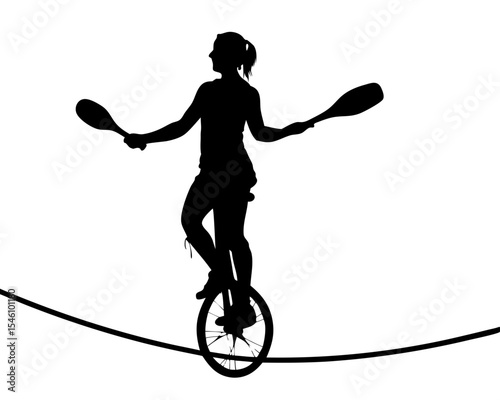 Woman Riding Unicycle and Juggling – Flat Circus Design  Silhouette Vector

