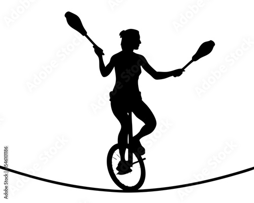 Woman Riding Unicycle and Juggling – Flat Circus Design  Silhouette Vector

