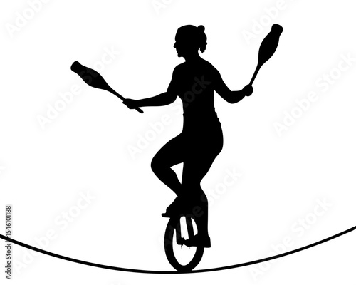 Woman Riding Unicycle and Juggling – Flat Circus Design  Silhouette Vector

