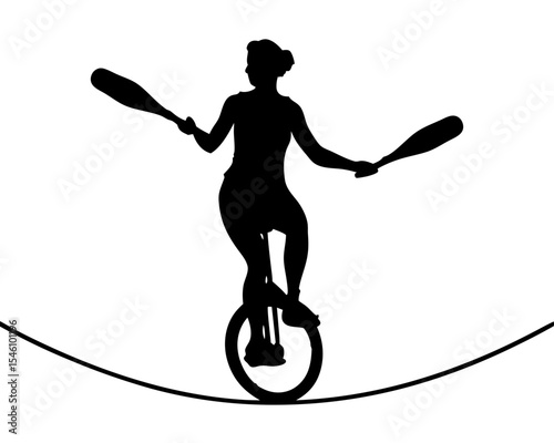 Woman on Wire with Juggling Props – Silhouette Vector

