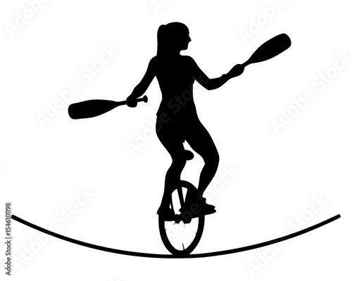Woman on Wire with Juggling Props – Silhouette Vector

