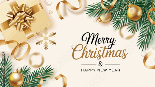 "Christmas Banner with Sparkling Lights Garland, Gift Boxes and Golden Tinsel – Horizontal Festive Background"