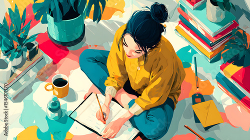 Young Woman Writing in Notebook Surrounded by Books and Plants