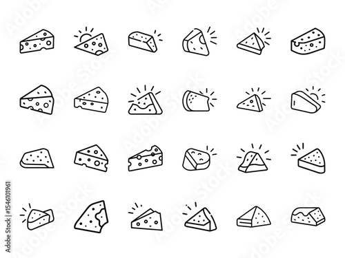 Hand-Drawn Cheese Icon Set – 25 Unique Minimalist Cheese Slice Illustrations in Line Art Style on White Background