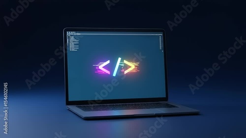 A sleek laptop displaying colorful code symbols on a dark background, symbolizing technology and innovation