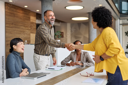 Group of  businesspeople having a meeting shaking hands handshake introducing each other and applauding during meeting in the office. Teamwork and success concept, portrait of a middle aged mature bus