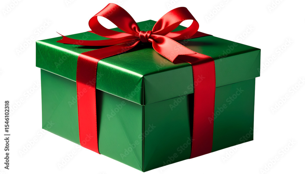 Fototapeta premium Wrapped in Anticipation: A festive green gift box, adorned with a vibrant red ribbon and bow, evokes the spirit of generosity and joy in a close-up view.