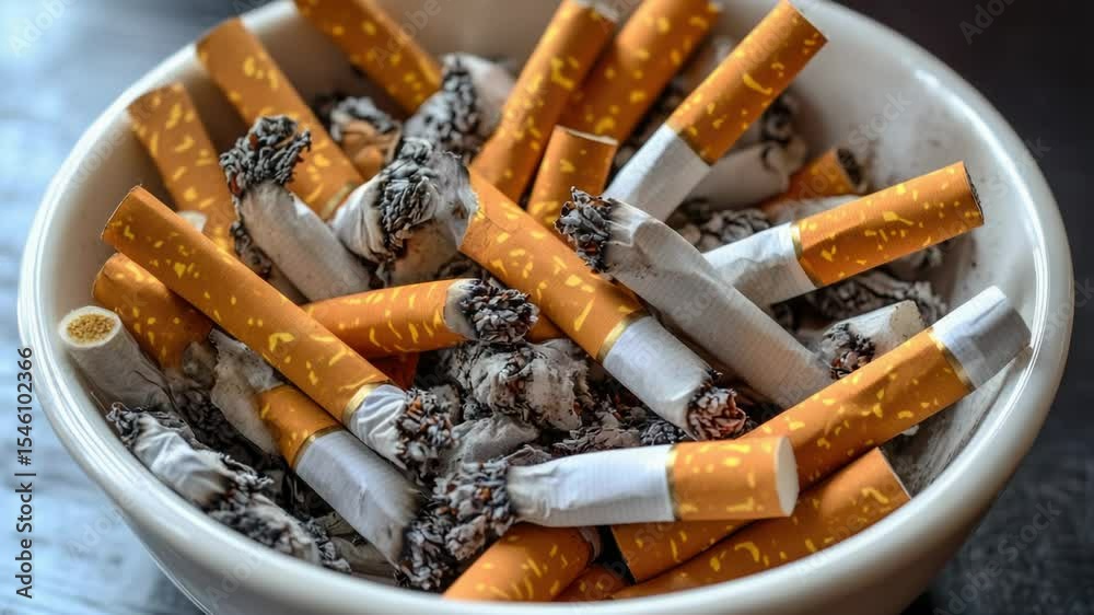 A bowl full of cigarettes sits on top of a table, perfect for decoration or illustration in stories about addiction or smoking habits A bowl full of cigarettes sits on top of a table, perfect for decoration or illustration in stories about addiction or smoking habits