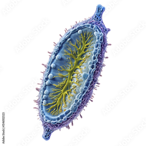 Detailed microscopic cross-section showcases intricate yellow structure, surrounded by blue and purple layers, against a clean white