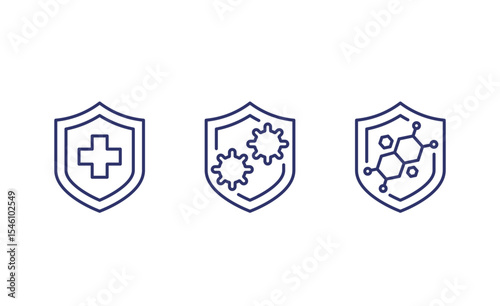 immune system and antibacterial protection line icons with bacteria and shield