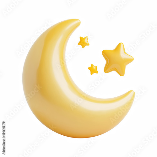 Chubby yellow crescent moon with three cute stars, isolated on white background.