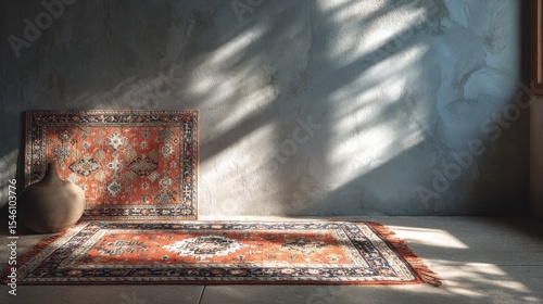 soft shadows on white wall, bright ethnic rug under sunbeam 