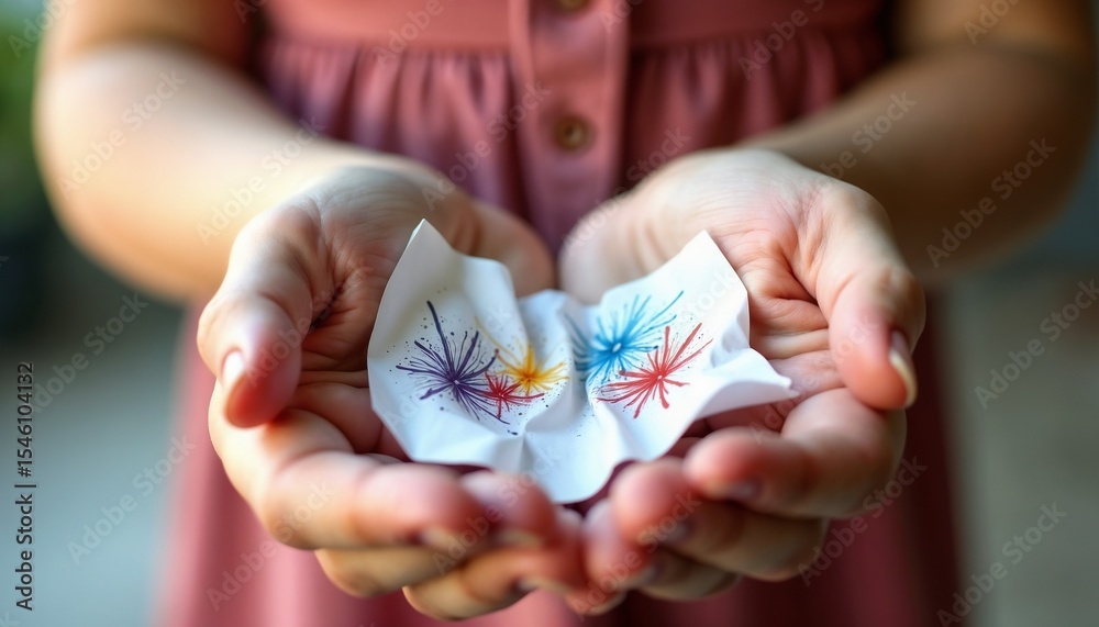 A young girl with light brown hair holds a piece of paper with colorful drawings in her hands. The background is softly blurred, emphasizing her expression. A young girl with light brown hair holds a piece of paper with colorful drawings in her hands. The background is softly blurred, emphasizing her expression.