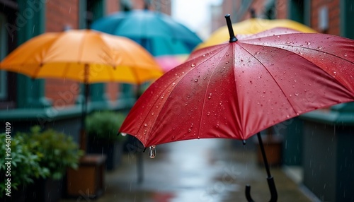 Wallpaper Mural Colorful umbrellas in a rainy urban setting. Red, orange, and green umbrellas are visible, with raindrops on their surfaces. The street is wet and reflective. Torontodigital.ca
