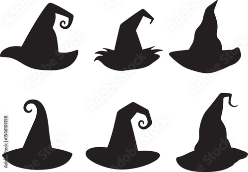 Witch hat silhouette pack, witch hats silhouette collection, halloween witch hat black silhouette bundle vector illustration, witch hat silhouette vector set