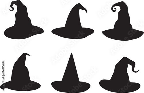 Witch hat silhouette pack, witch hats silhouette collection, halloween witch hat black silhouette bundle vector illustration, witch hat silhouette vector set