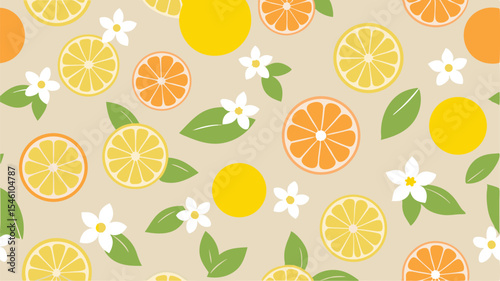 Illustration of a seamless pattern with lemon slices orange slices flowers and leaves on a beige background