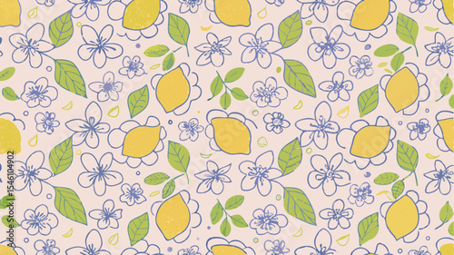 A repeating pattern of lemons leaves and flowers in a light and airy style with a light background