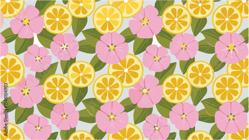 A pattern of pink flowers and lemon slices with green leaves scattered on a light background creating a design