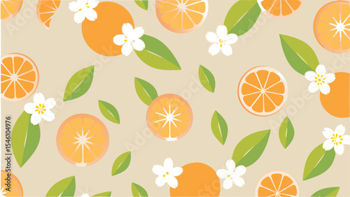 A seamless pattern featuring orange slices, whole oranges, green leaves, and white flowers on a light beige background