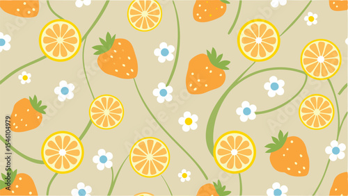 A seamless pattern featuring orange slices, strawberries, and small flowers on a light beige background design