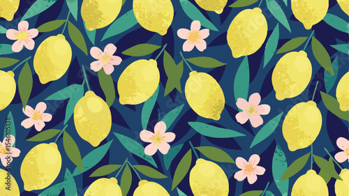 A colorful pattern featuring lemons, leaves, and blossoms on a dark blue background creating a vibrant design