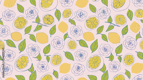 Seamless pattern with lemons white flowers and green leaves on a light pink background in a repeat design