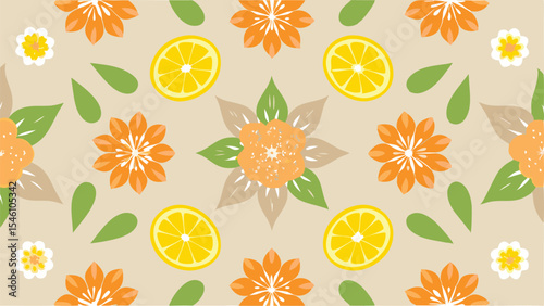 Seamless pattern with orange flowers lemon slices and green leaves on a beige background illustration art