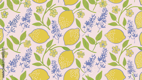 Seamless pattern featuring lemons, lavender sprigs, and small flowers on a light background surface area