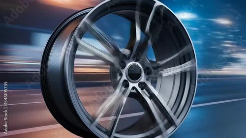 Speeding alloy wheel on motion blur highway