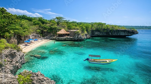 A secluded cove with a small boat in crystal-clear turquoise water.